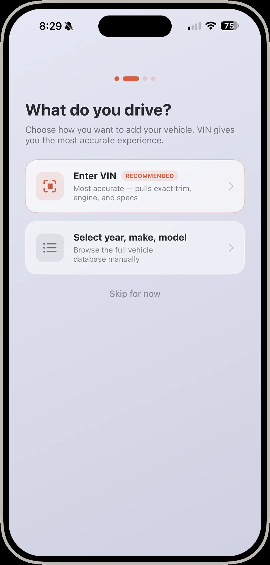 DrivIQ screen asking what do you drive with options to enter VIN or select year make and model