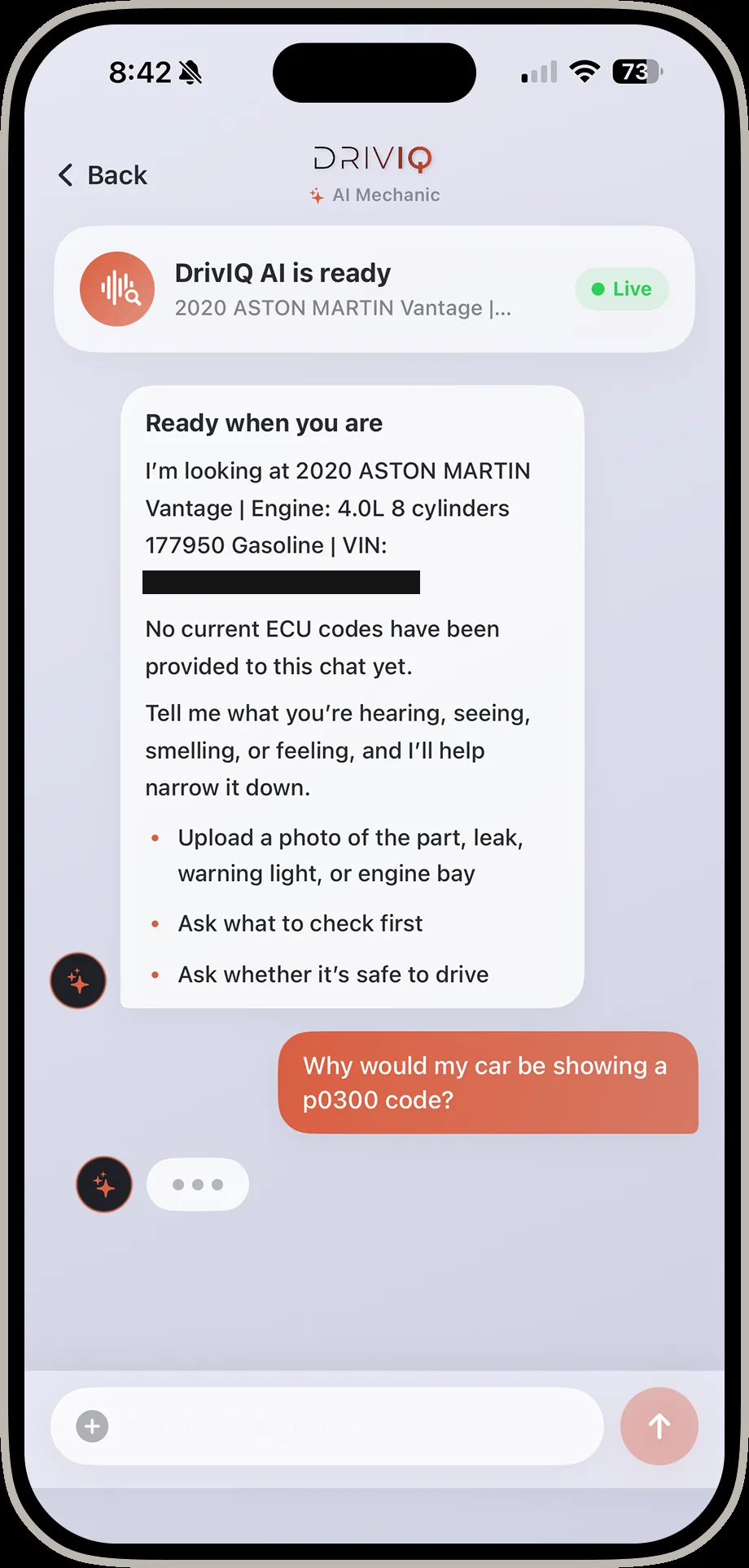 DrivIQ AI chat with a question asked about why a car might show a P0300 code