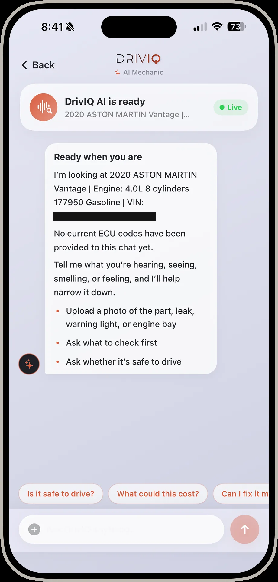 DrivIQ AI chat screen ready to answer questions about a 2020 Aston Martin Vantage