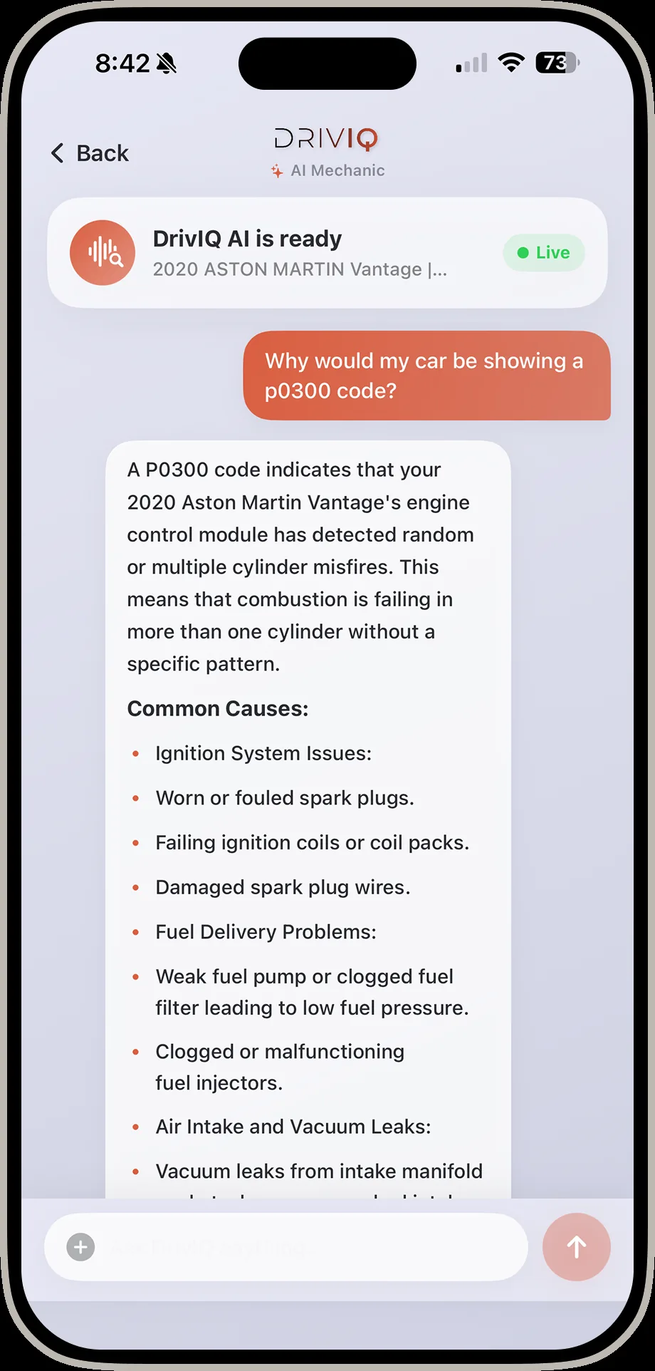 DrivIQ AI chat showing vehicle specific research on a P0300 code including likely causes and safety notes