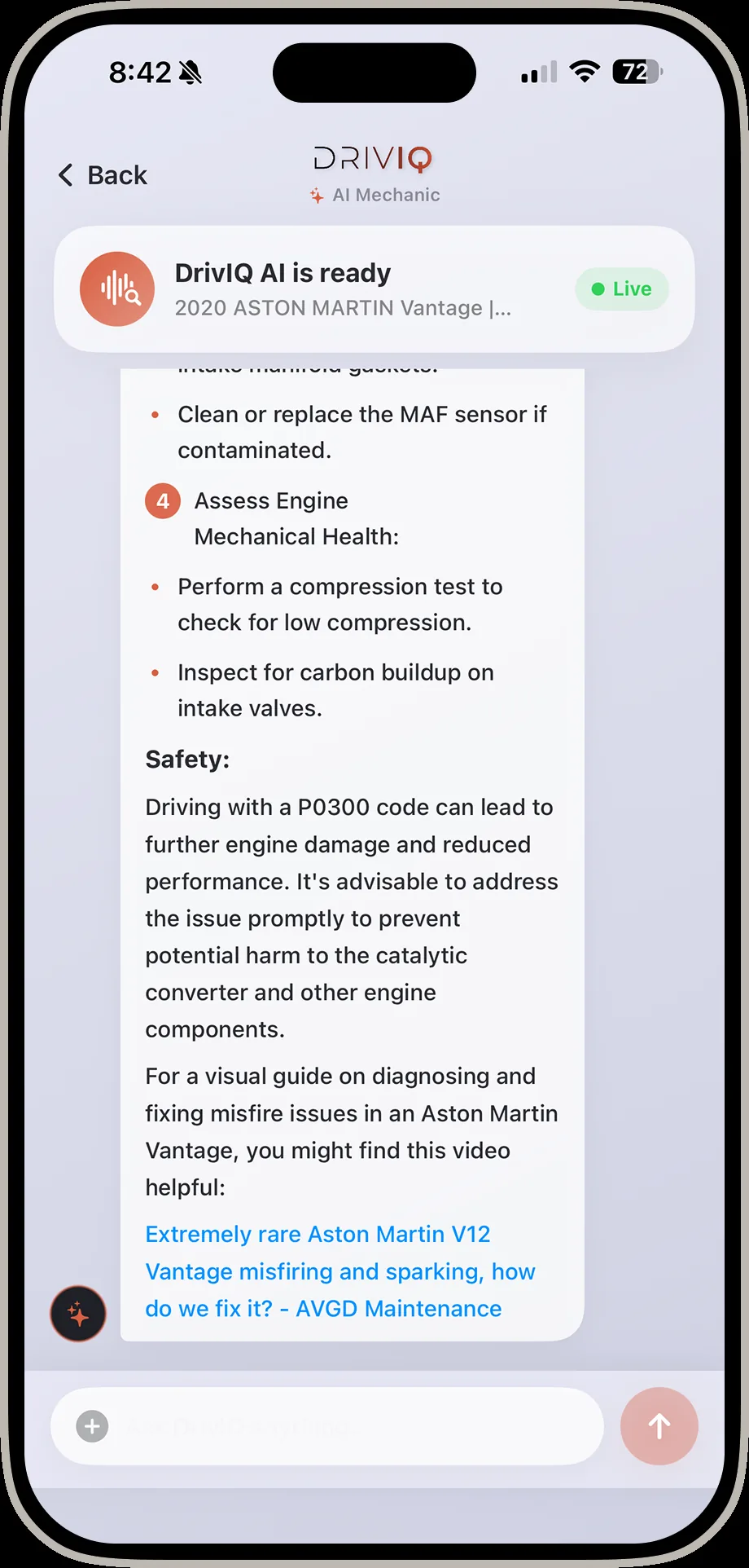 DrivIQ AI chat showing safety guidance and a cited repair video for an engine misfire