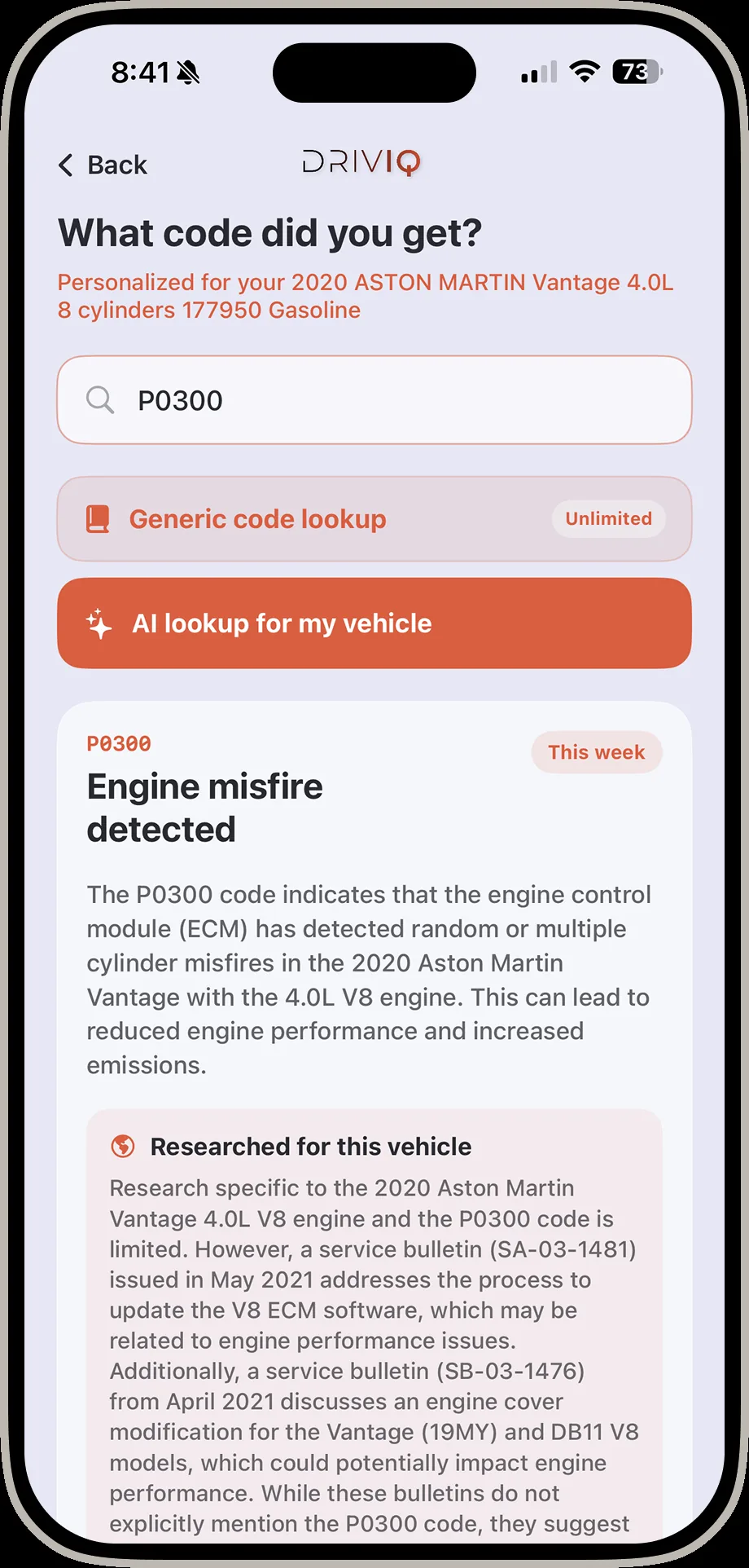 DrivIQ vehicle specific code result screen showing engine misfire detected with service bulletins for the exact vehicle