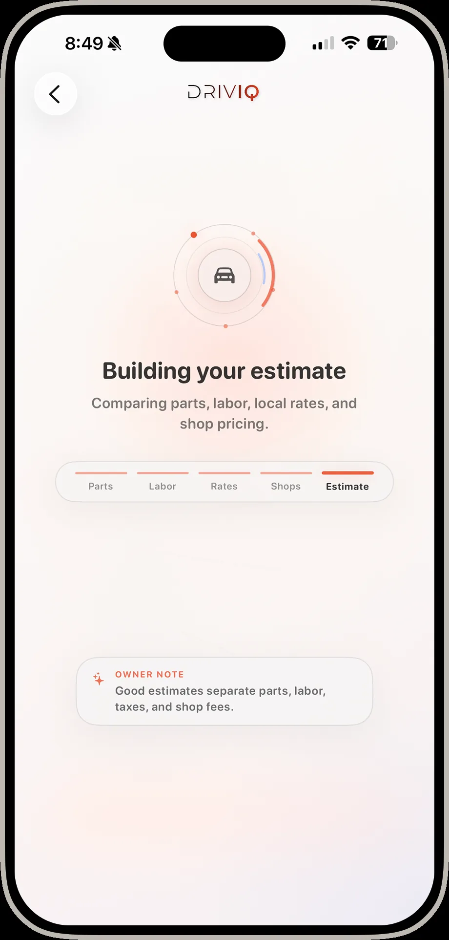 DrivIQ building your estimate loading screen comparing parts labor and local shop pricing