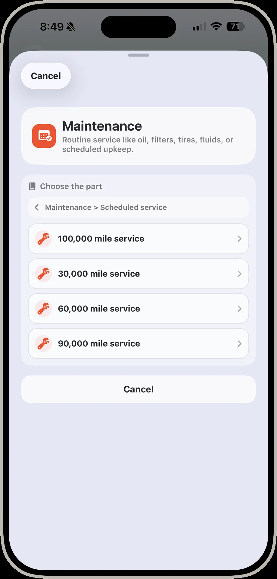 DrivIQ screen choosing the mileage interval including 30000, 60000, and 90000 mile service