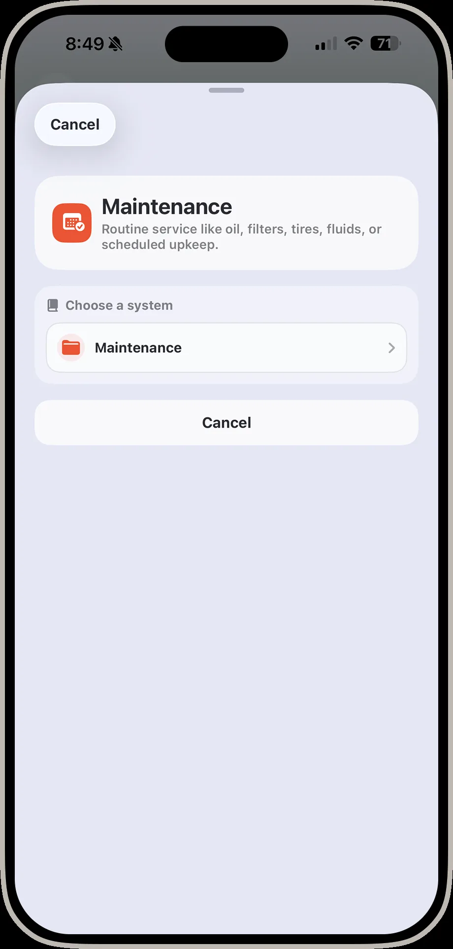 DrivIQ screen choosing a maintenance system to service