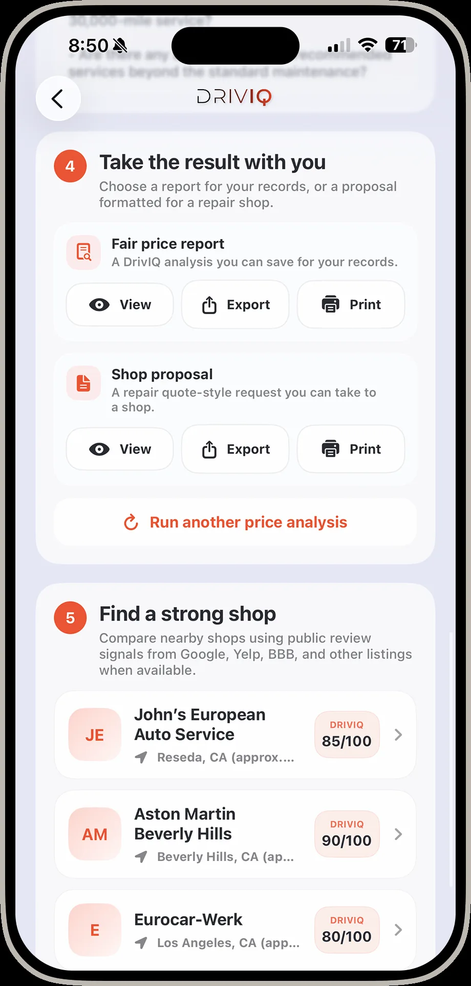 DrivIQ screen showing the fair price report and shop proposal export options, and nearby shops ranked by review score including John's European Auto Service