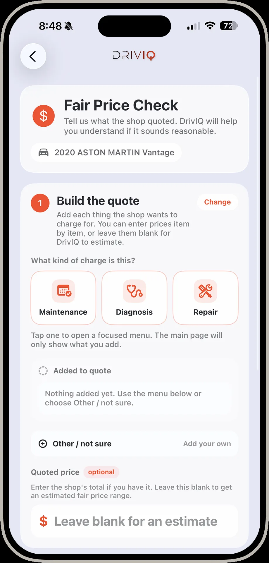 DrivIQ fair price result screen showing a verdict of 1200 to 3500 dollars with a cited source link and questions to ask the shop