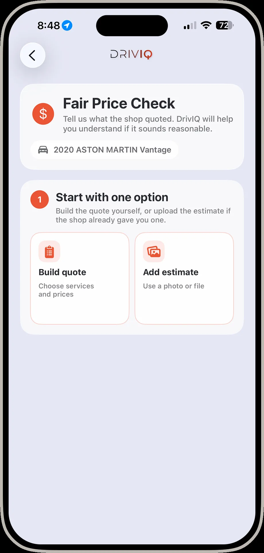 DrivIQ fair price check start screen for the 2020 Aston Martin Vantage