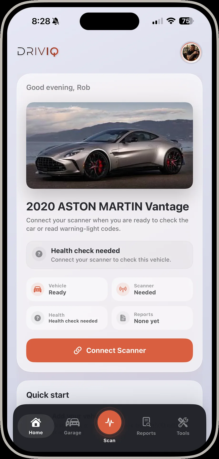 DrivIQ home screen showing a saved 2020 Aston Martin Vantage with health check status and quick actions