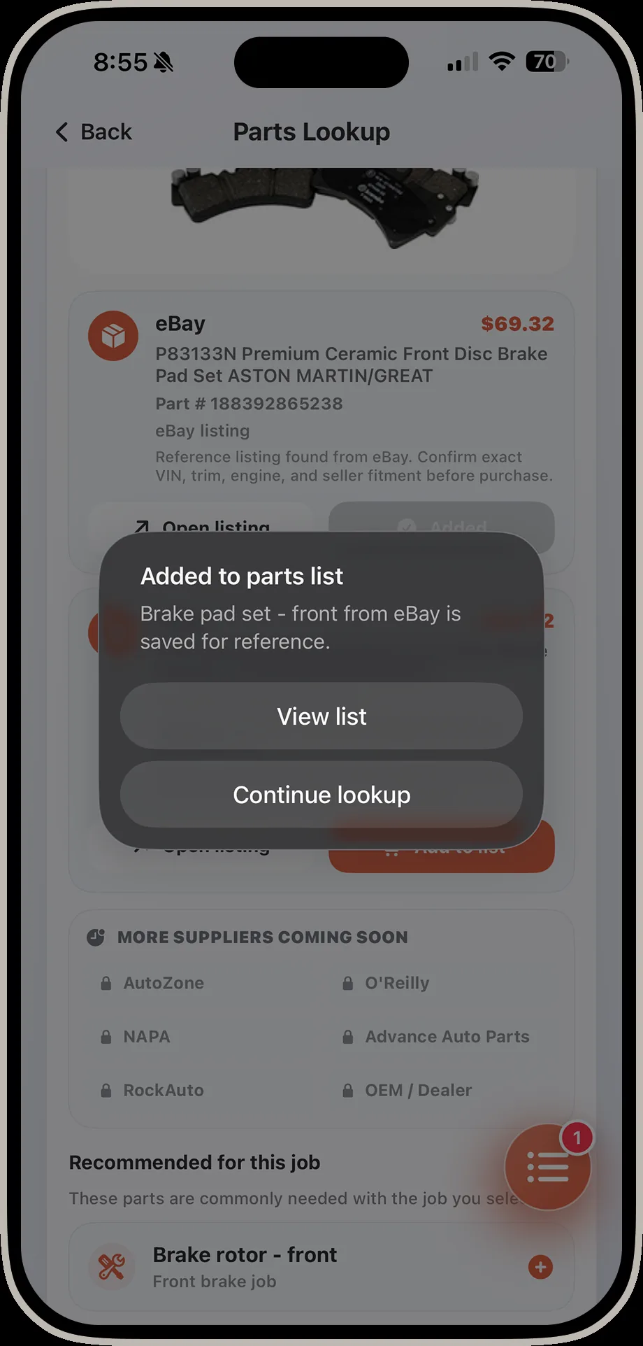 DrivIQ confirmation toast showing a brake pad set added to the parts list