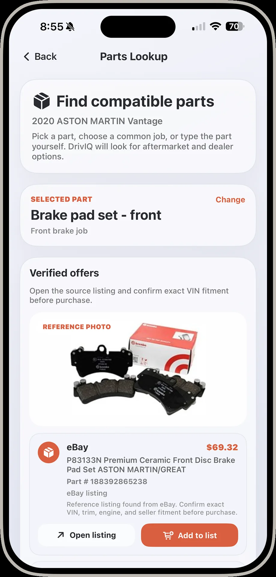DrivIQ parts detail screen showing a selected brake pad set with verified offers and a reference photo