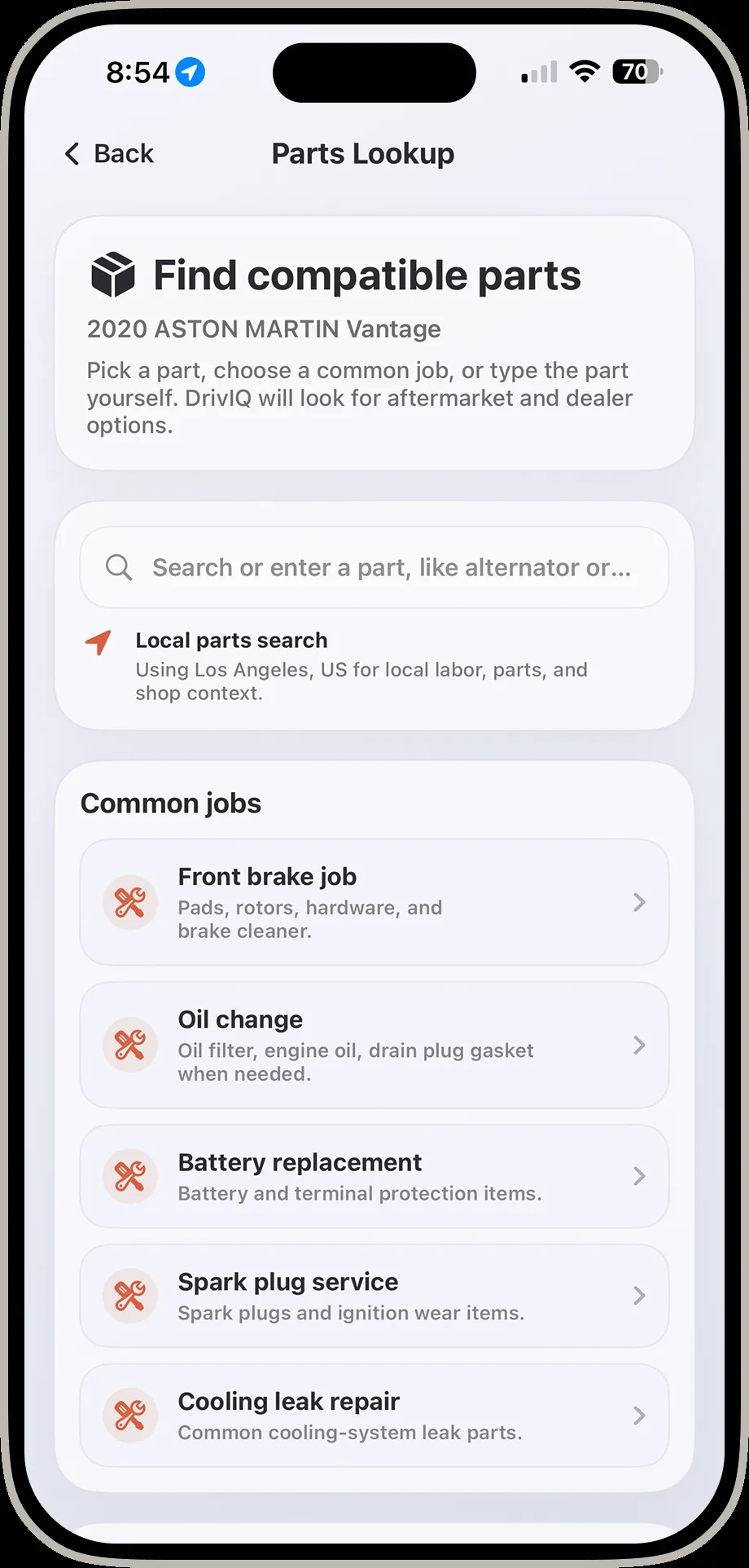 DrivIQ find compatible parts screen with common jobs including front brake job and oil change