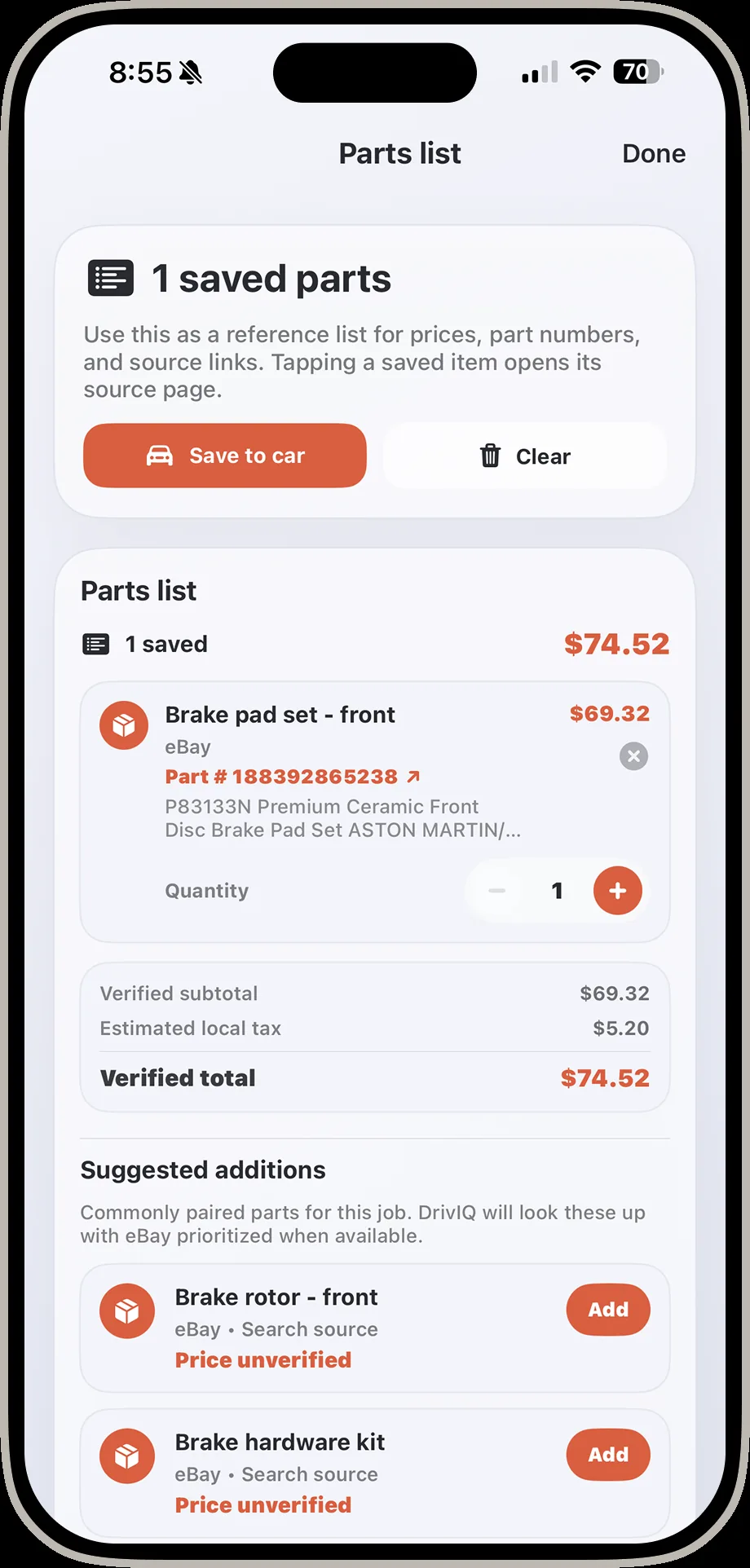 DrivIQ parts list screen showing one saved part with verified total and suggested additions