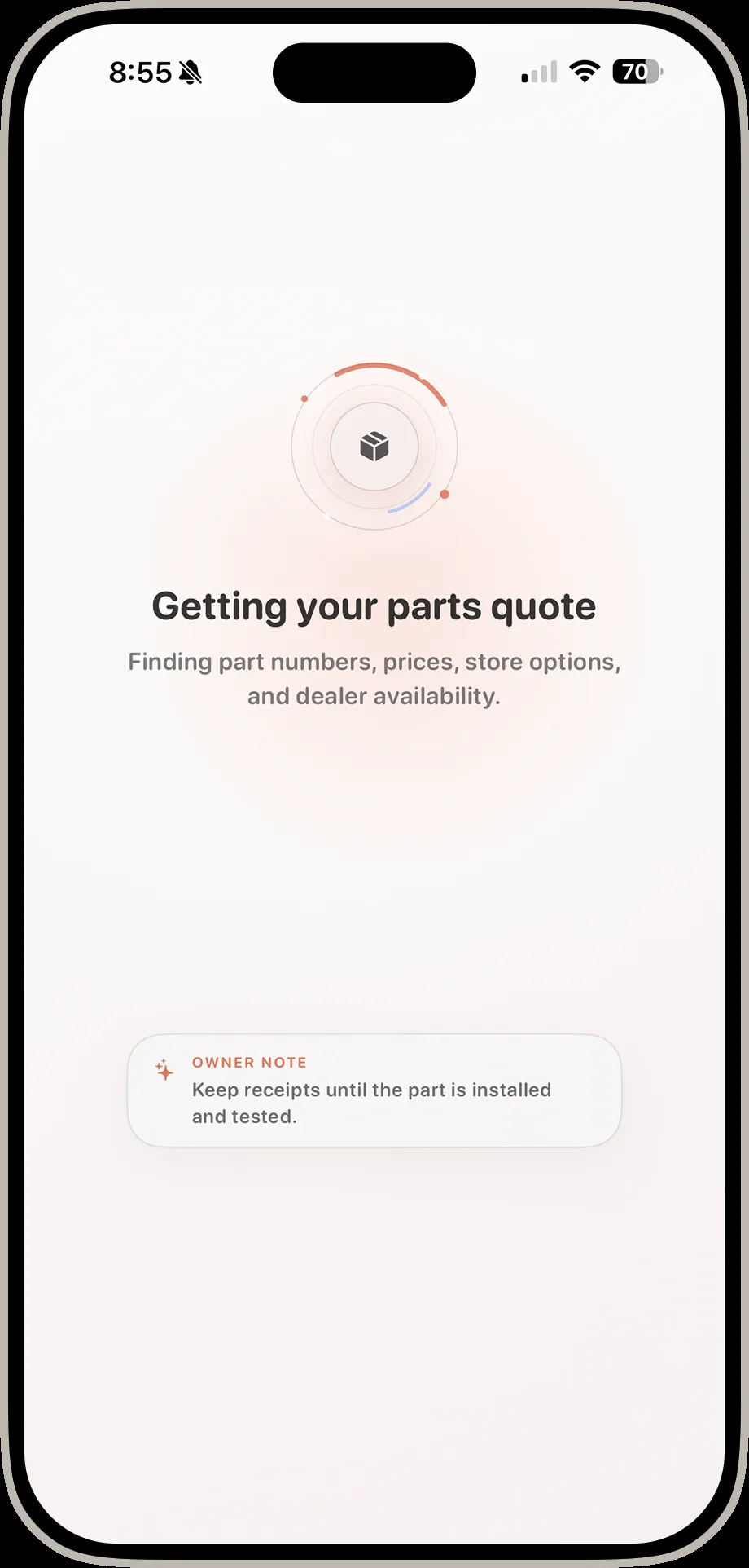 DrivIQ getting your parts quote loading screen