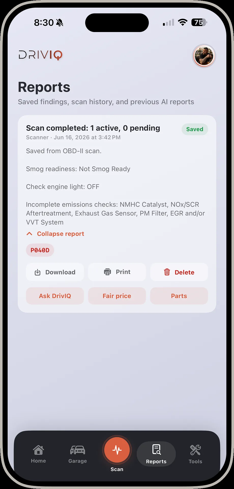 DrivIQ reports screen with a report expanded showing download print and delete options