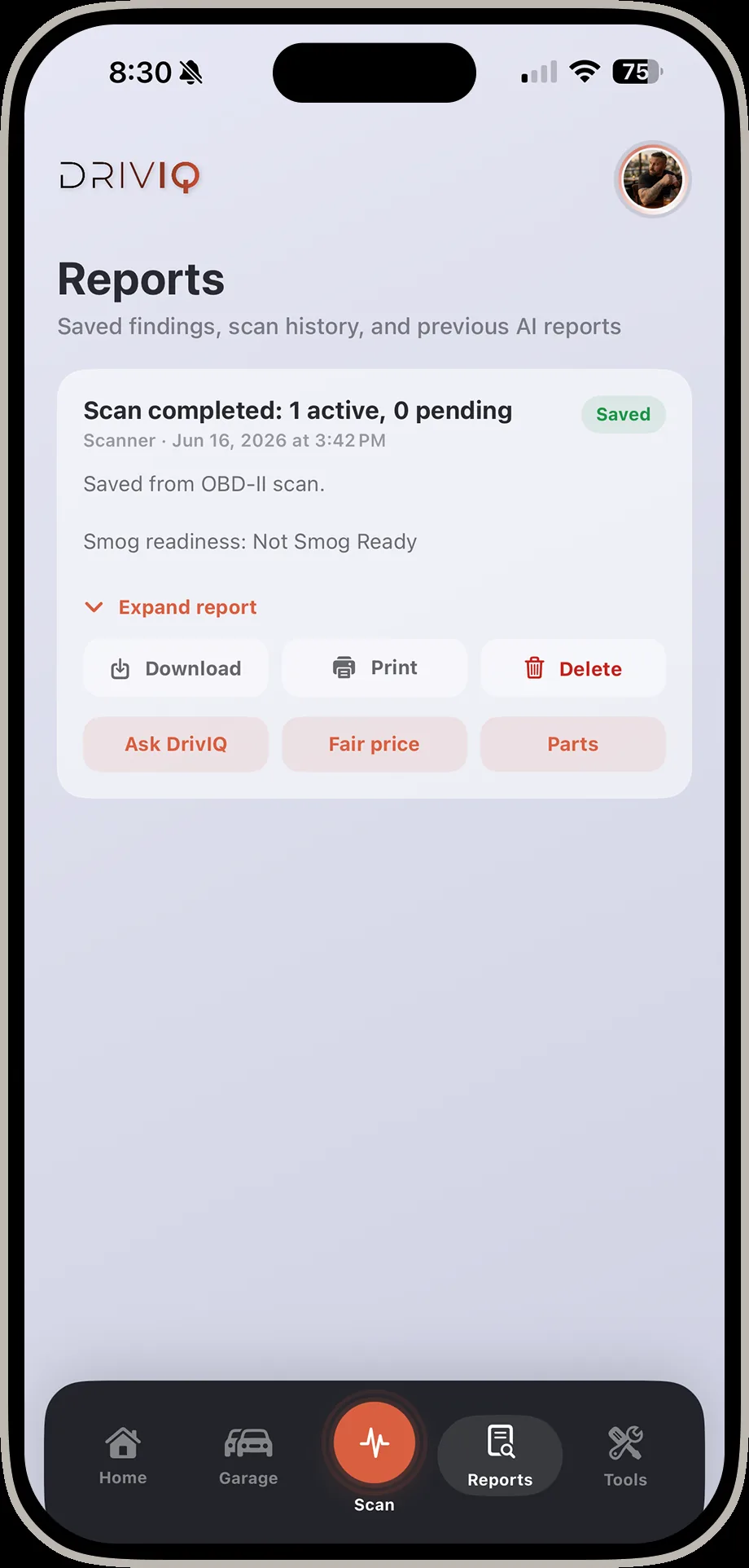 DrivIQ reports screen showing saved findings and scan history