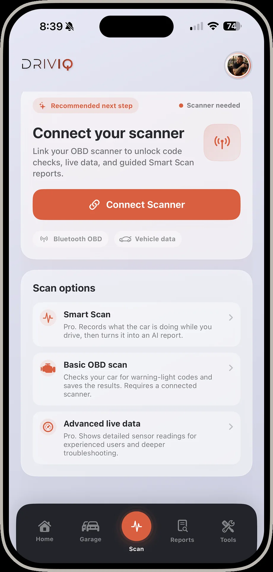 DrivIQ scan options screen showing Smart Scan, Basic OBD scan, and Advanced live data