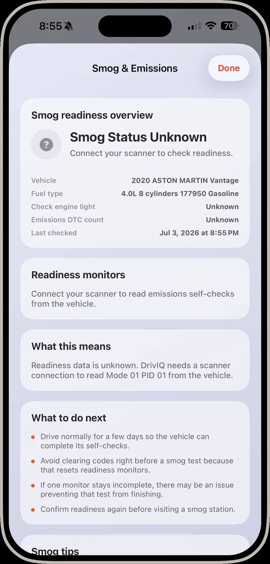 DrivIQ smog and emissions screen showing smog status unknown with readiness monitors