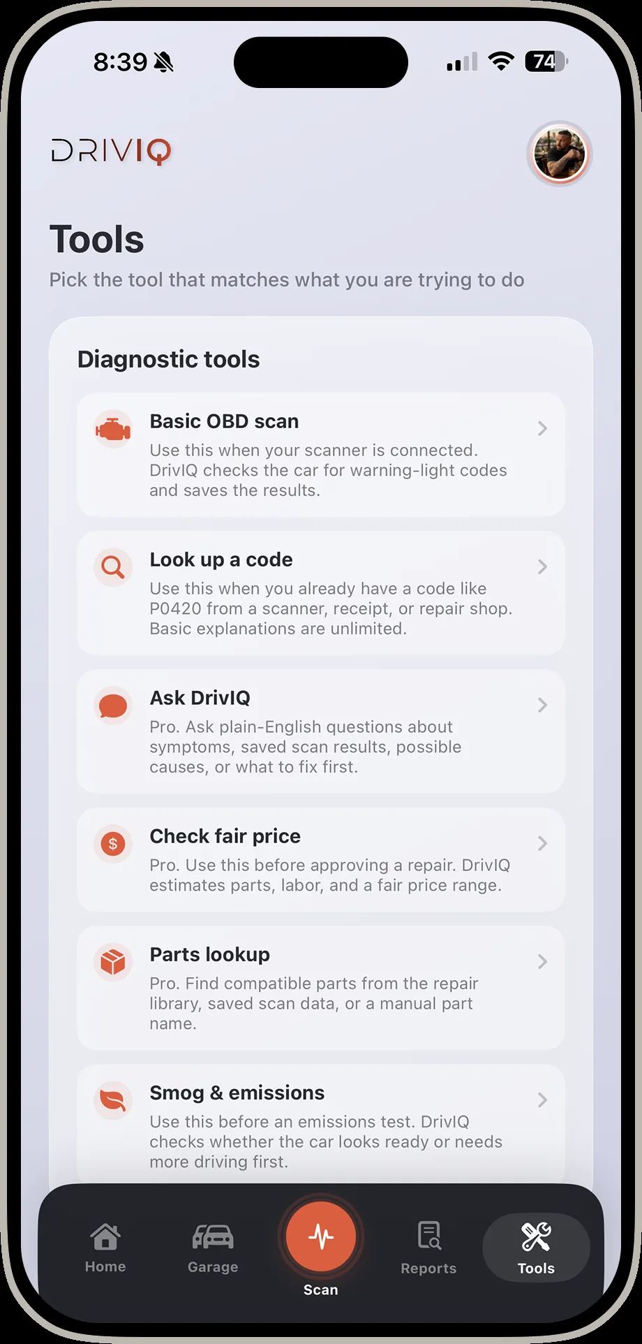 DrivIQ tools screen listing diagnostic tools including basic OBD scan, look up a code, ask DrivIQ, check fair price, parts lookup, and smog and emissions
